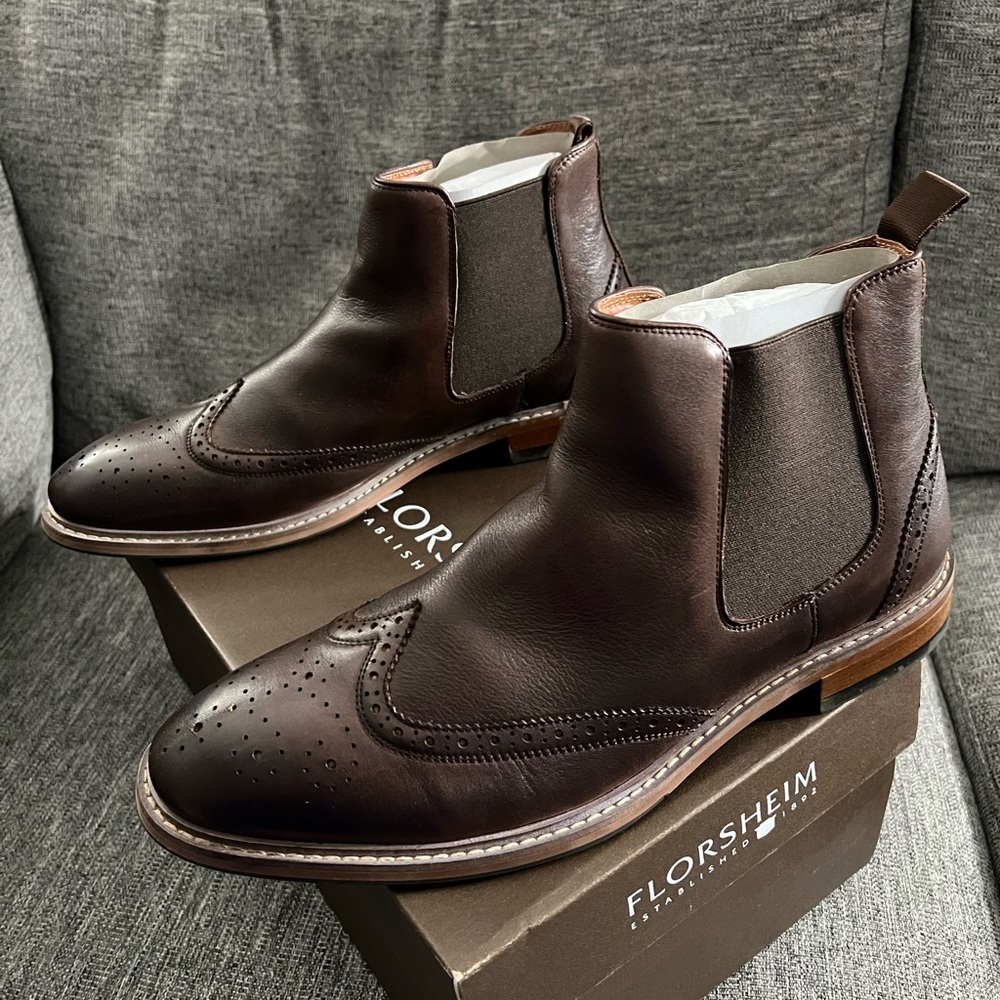 Florsheim size 11.5 brown leather slip on boots. Brand new never worn, perfect!